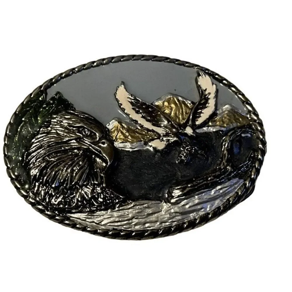 Vintage 1989 Intricate American Bald Eagle Belt Buckle Colorful Made in USA